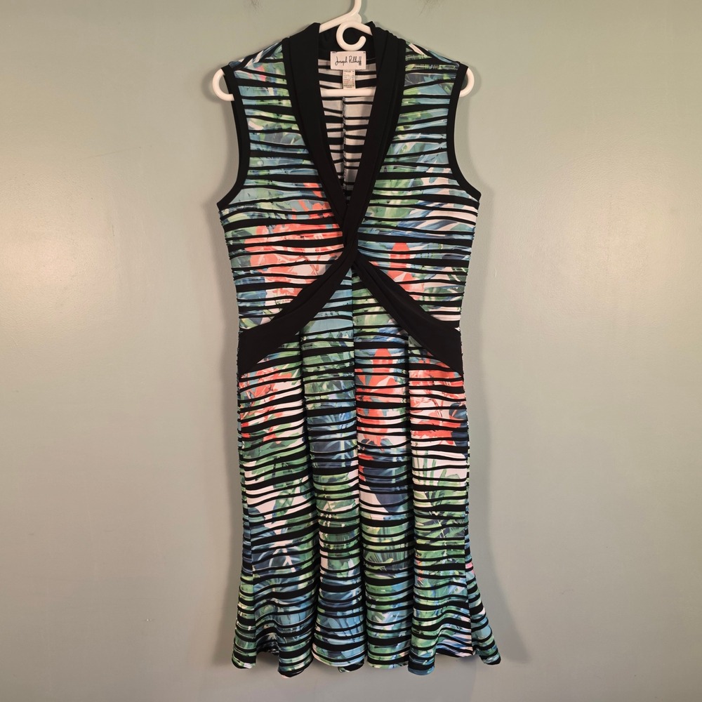Joseph Ribkoff Tropical Stripe V-Neck Knot Front Dress 181696 Size 14